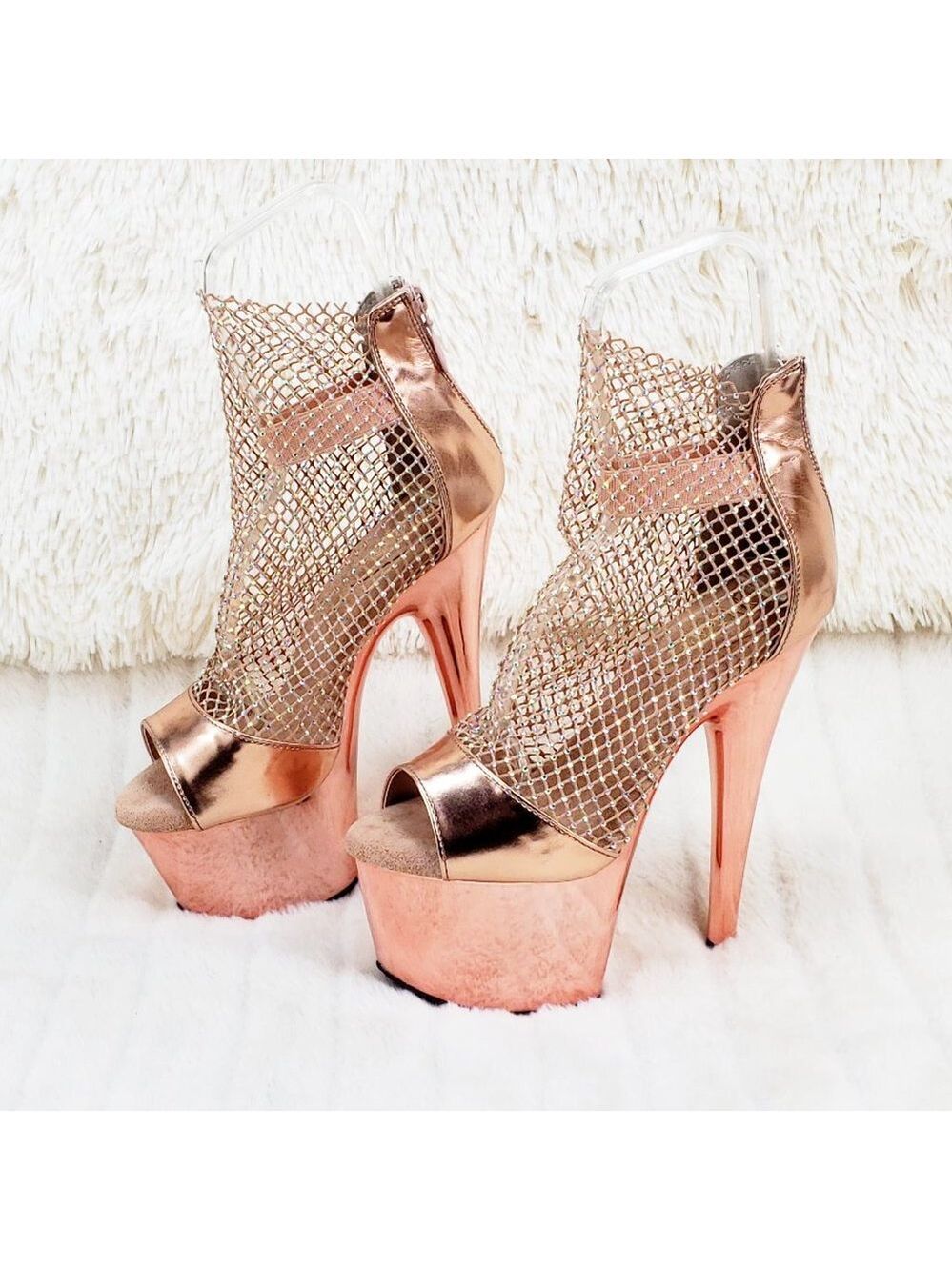 Rose Gold Stretch Rhinestone Mesh High Heel Platform Shoes Adore RM 765